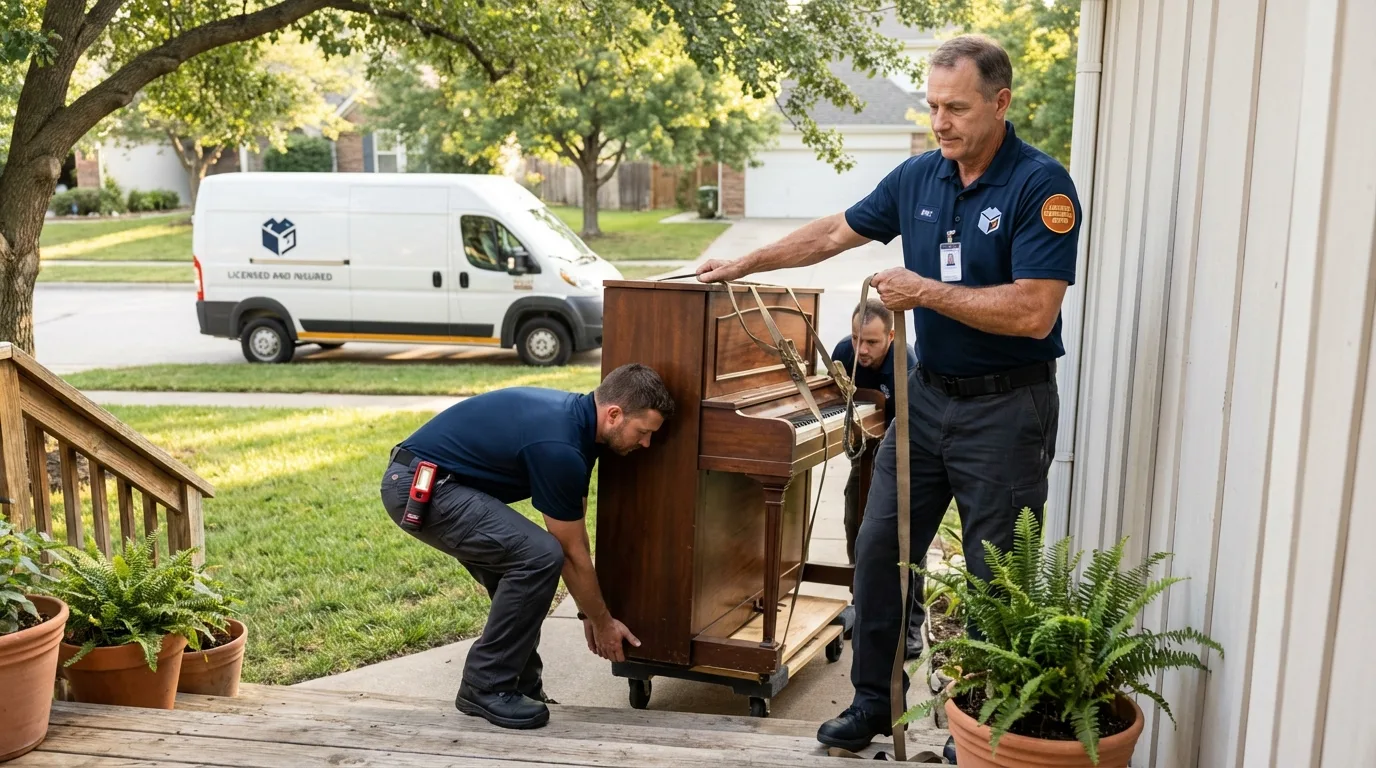 Licensed piano movers securing grand piano in Senatobia, MS