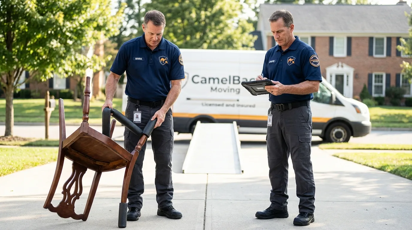 Movers inspecting furniture for damage prevention before loading in Senatobia, MS