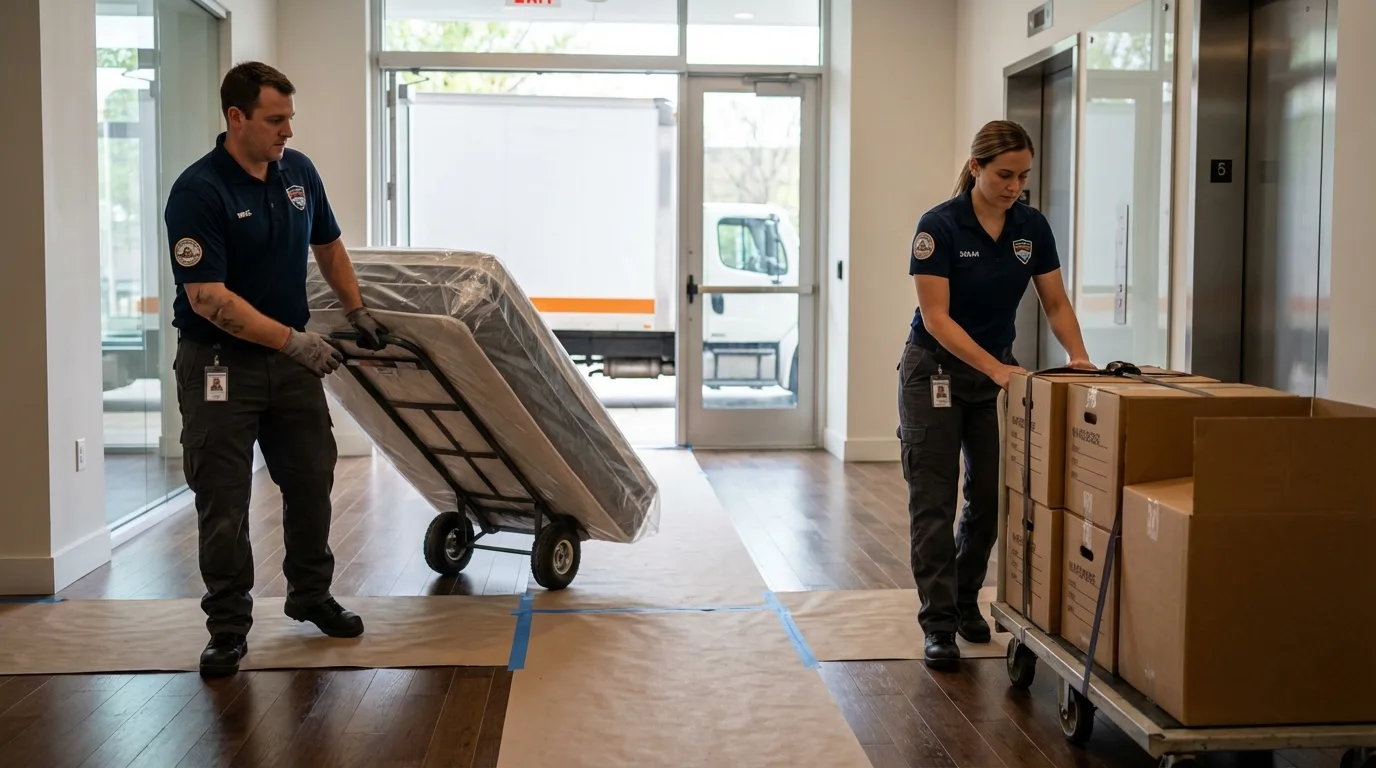 Professional apartment movers loading elevator in Senatobia, MS